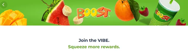 Boost Juice VIBE sign-up page with fruit banner and the headline Join the VIBE, squeeze more rewards.