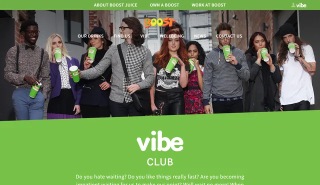 Boost Juice New Zealand VIBE Club page showing a group of people holding Boost cups under the vibe club logo.