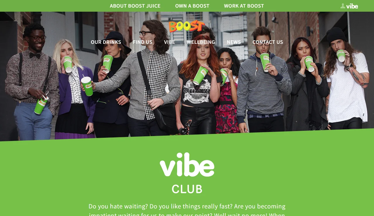 Boost Juice New Zealand VIBE Club page showing a group of people holding Boost cups under the vibe club logo.