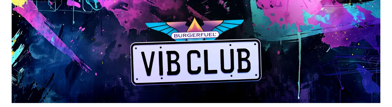 BurgerFuel VIB Club page with the VIB Club number plate logo on a colourful graffiti banner.