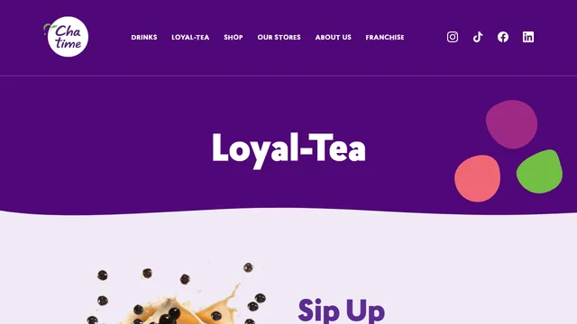 Chatime Australia Loyal-Tea page with the headline Sip Up Rewards.