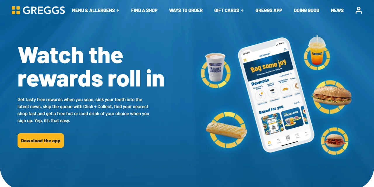 Greggs app page with the headline Watch the rewards roll in, a phone showing rewards and a Download the app button.