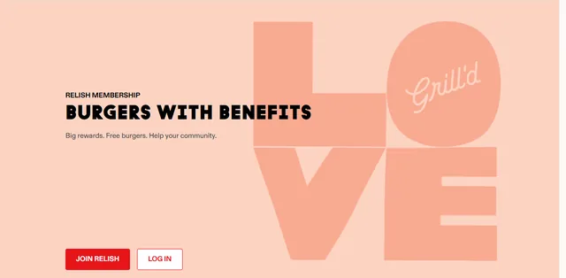 Grill'd Relish membership page with the headline Burgers with Benefits and Join Relish and Log in buttons.