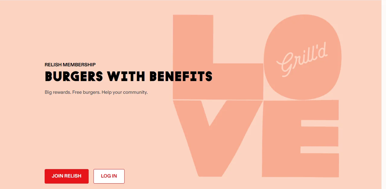 Grill'd Relish membership page with the headline Burgers with Benefits and Join Relish and Log in buttons.