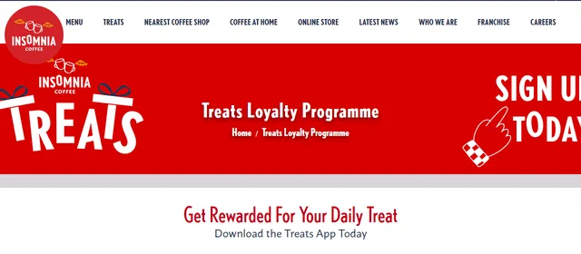 Insomnia Treats loyalty programme page with a red Treats banner and the heading Get Rewarded For Your Daily Treat.