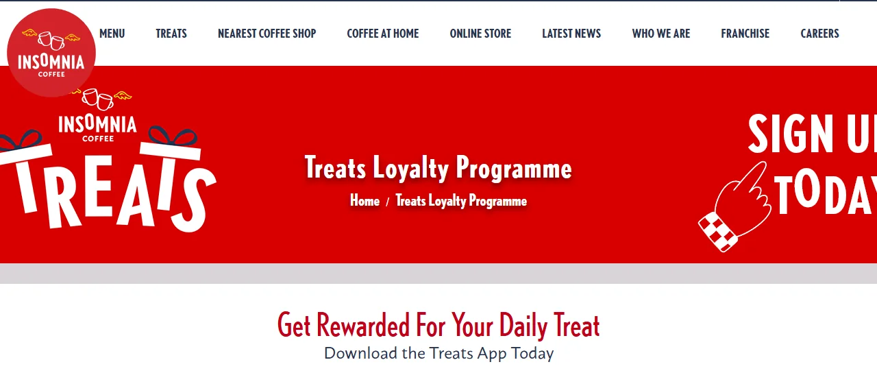 Insomnia Treats loyalty programme page with a red Treats banner and the heading Get Rewarded For Your Daily Treat.