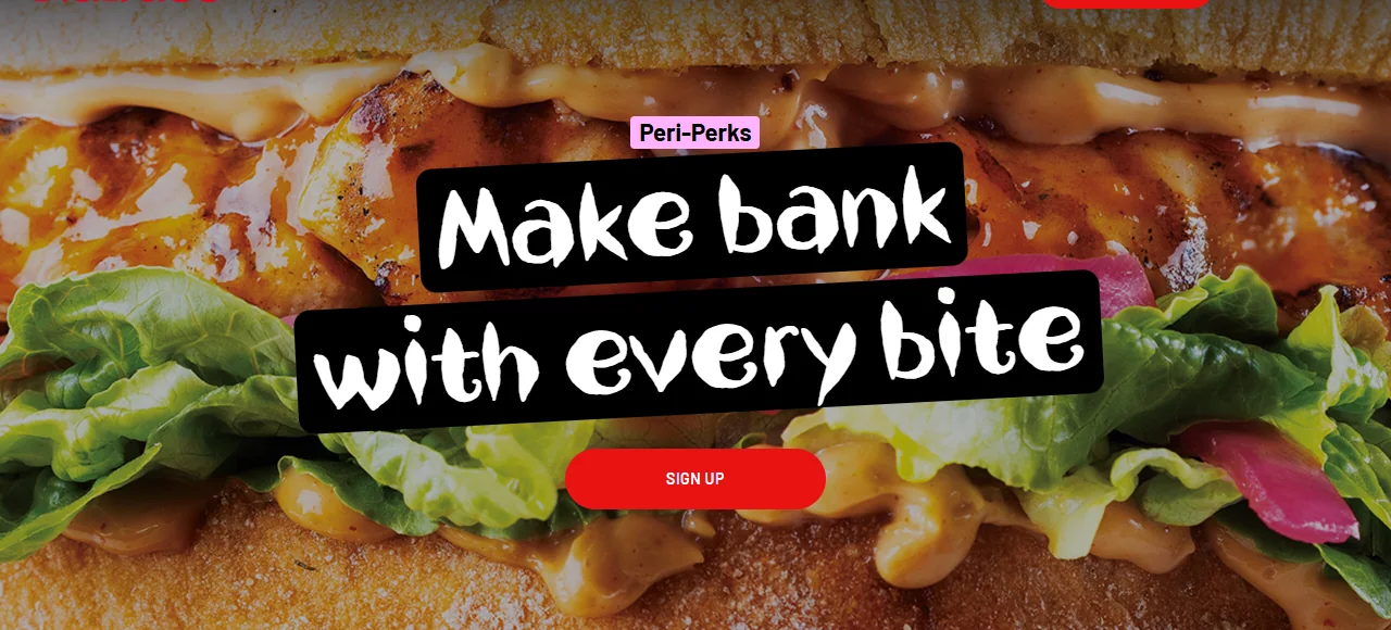 Nando's PERi Perks page with the headline Make bank with every bite and a sign-up button.
