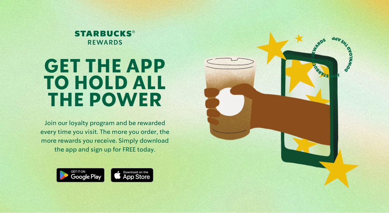 Starbucks Australia Rewards page with the headline to get the app and a note to sign up for free.