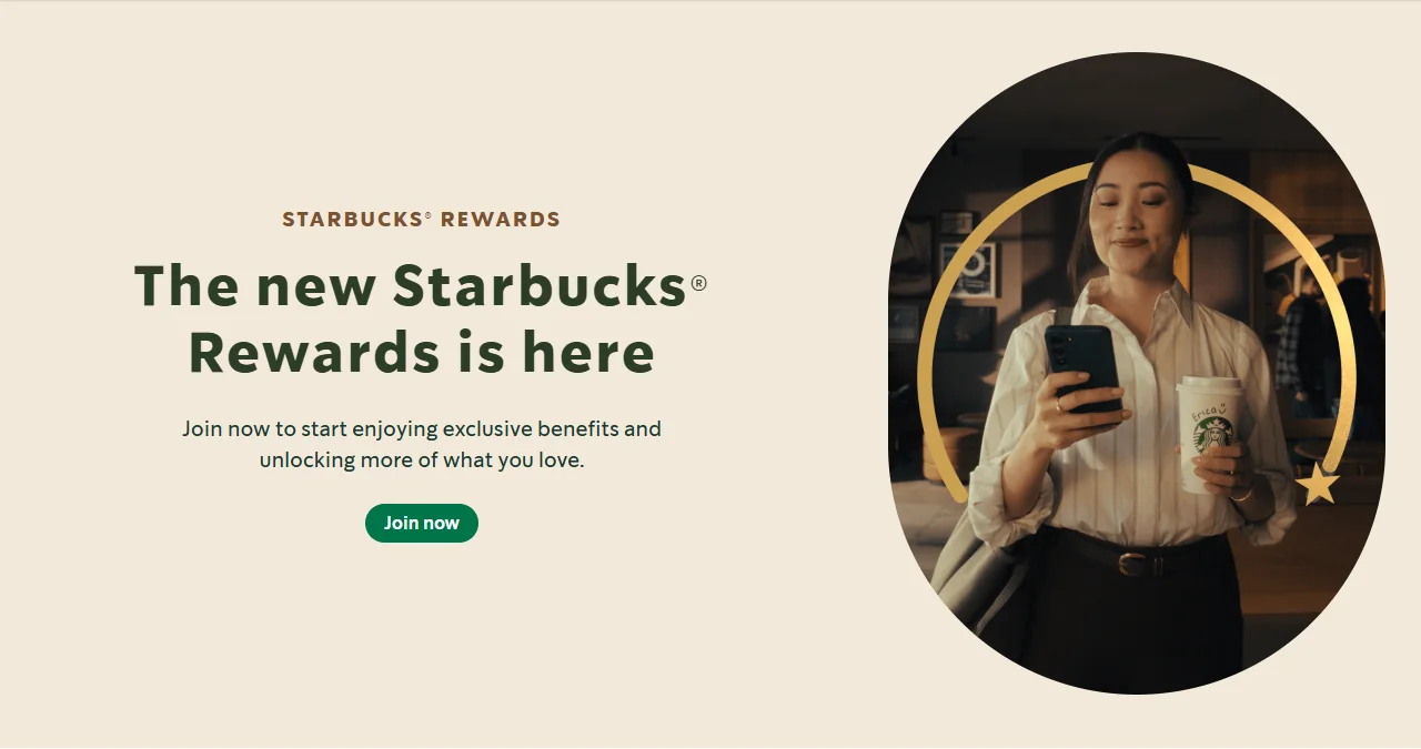 Starbucks Canada Rewards page announcing the new Starbucks Rewards with a Join now button and a member holding a phone and a cup.