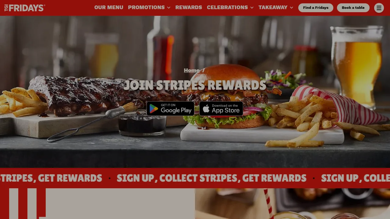 TGI Fridays UK page with the headline Join Stripes Rewards and Google Play and App Store download buttons over a burger and ribs.