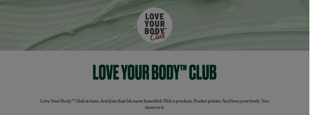 The Body Shop UK Love Your Body Club page with the club logo on a green cream texture and the headline Love Your Body Club.