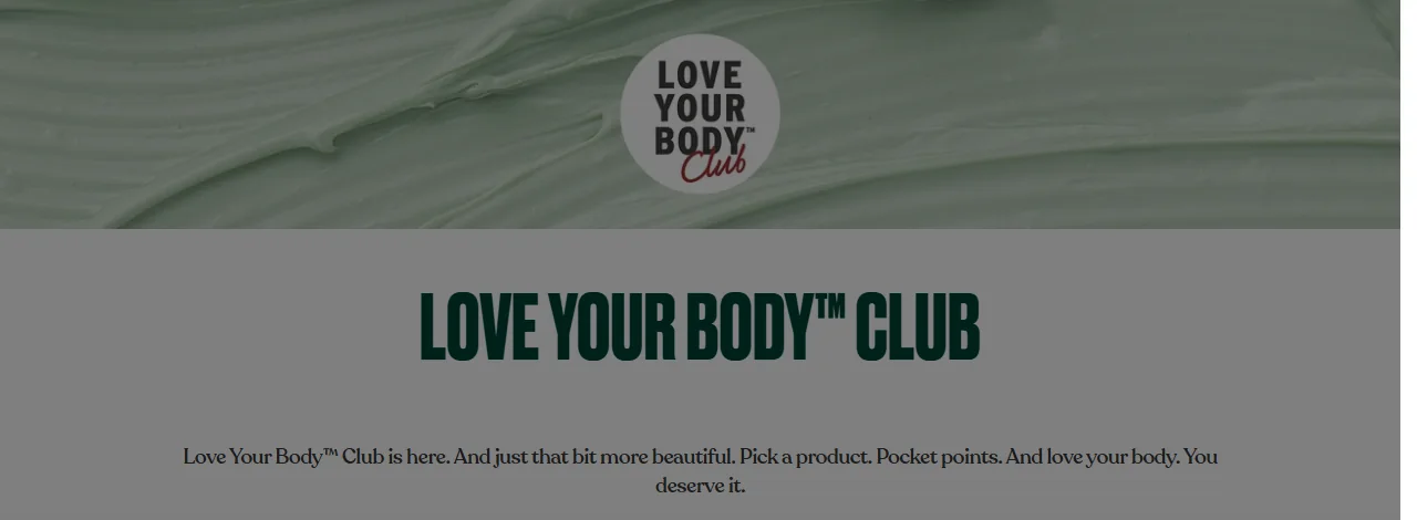 The Body Shop UK Love Your Body Club page with the club logo on a green cream texture and the headline Love Your Body Club.