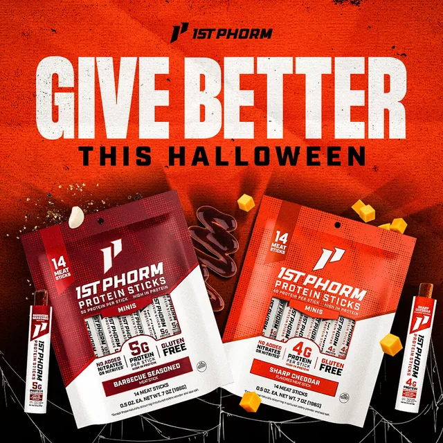 Halloween giveaway page with 1st Phorm mini protein sticks.