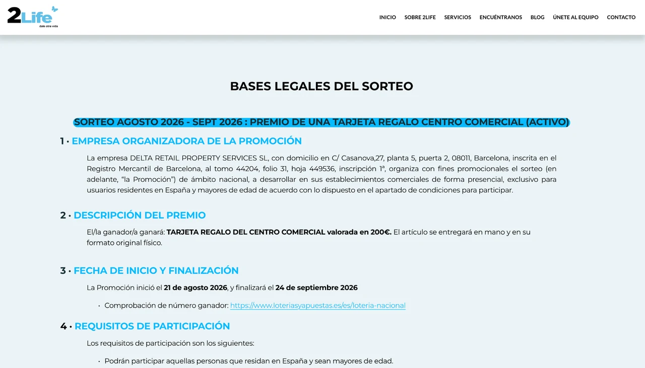 Bases legales del sorteo 2Life para una tarjeta regalo de 200 €.
