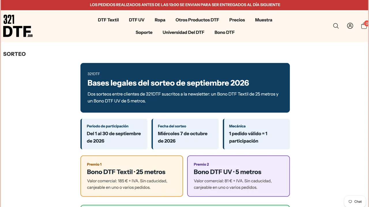 Captura oficial de 321DTF con las bases legales del sorteo de septiembre 2026 y el resumen de sus dos premios.