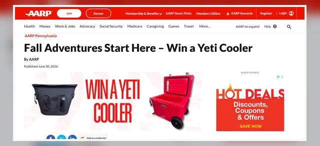 Official AARP Pennsylvania page for the YETI cooler sweepstakes.
