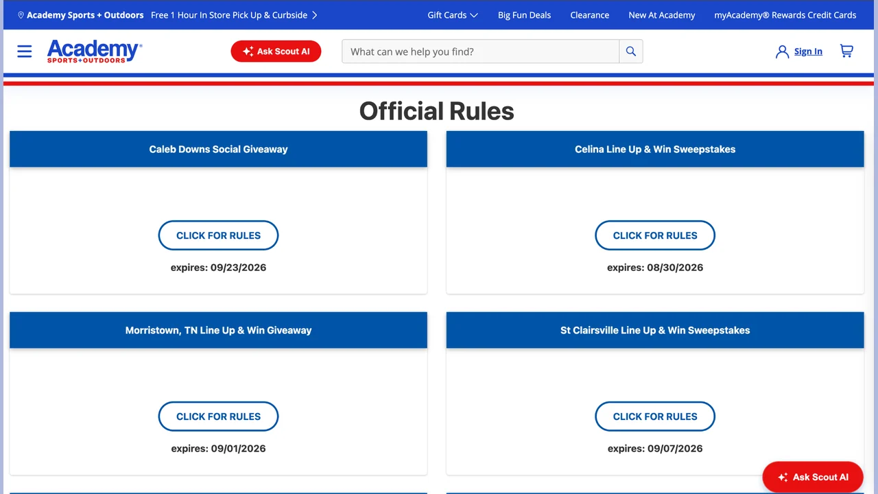 Academy Caleb Downs giveaway 2026 Academy Sports + Outdoors official rules hub featuring the Caleb Downs Social Giveaway.