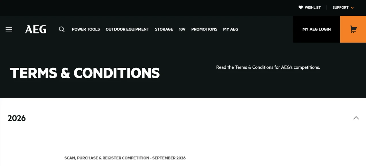 AEG — Scan, Purchase & Register Competition September 2026 AEG Powertools Australia competition terms page showing the Scan, Purchase and Register Competition for September 2026