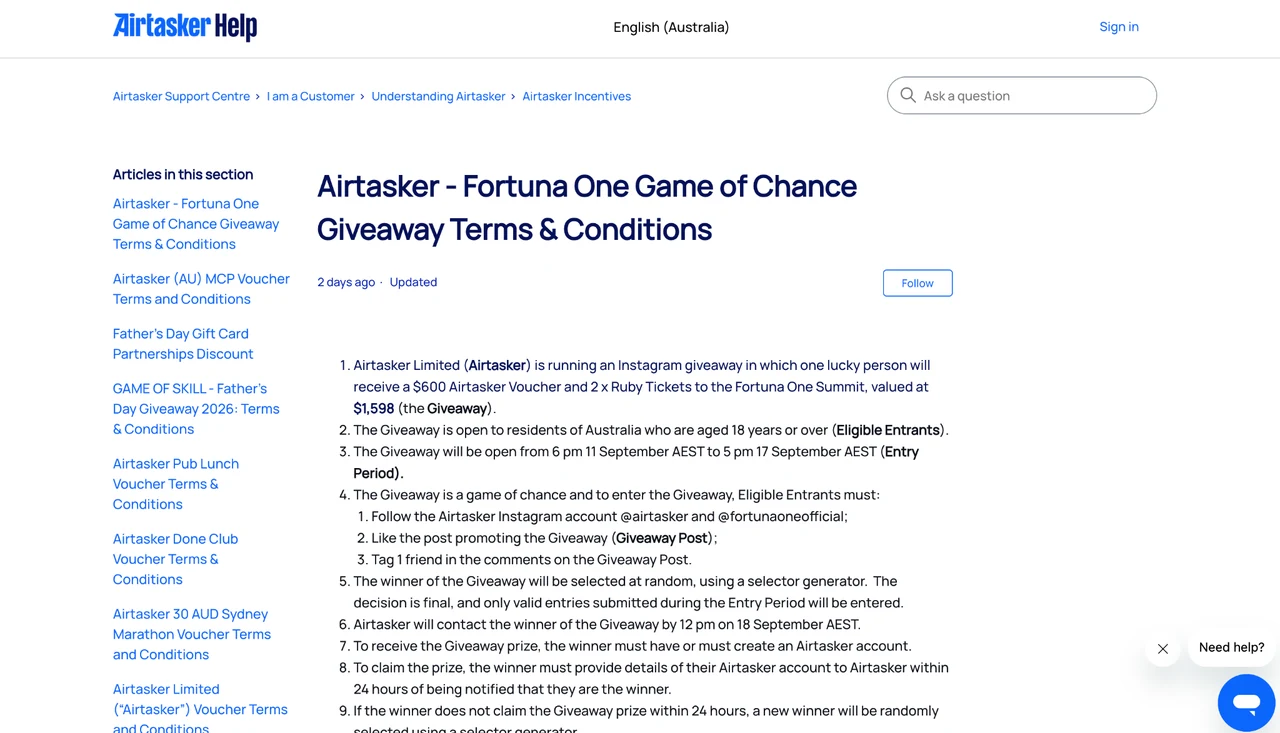 Airtasker × Fortuna One Giveaway 2026 Official Airtasker Help terms page for the Airtasker and Fortuna One game-of-chance giveaway.
