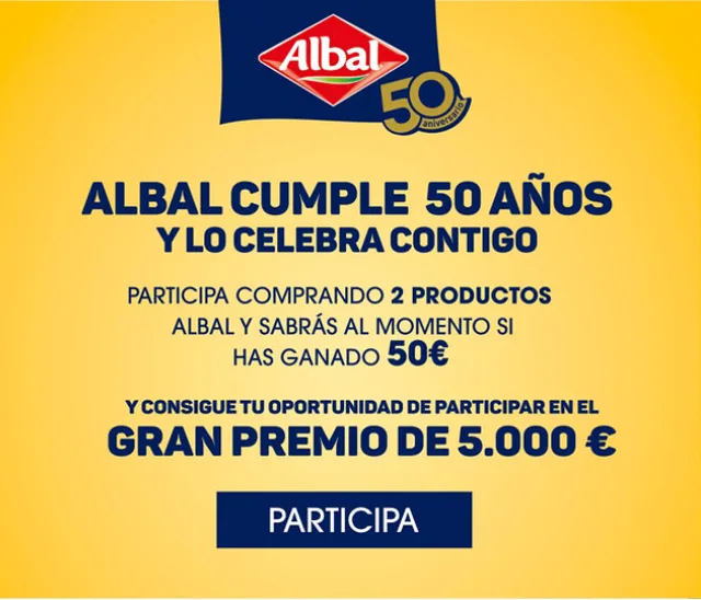 Banner de la promoción Albal 50 aniversario con el texto «Participa comprando 2 productos Albal y sabrás al momento si has ganado 50 €» y el gran premio de 5.000 €.