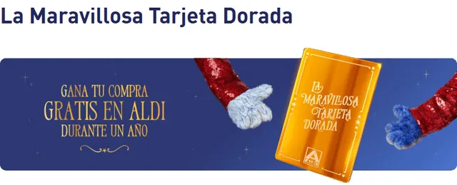 Página oficial de ALDI con el mensaje «Gana tu compra gratis en ALDI durante un año» y una tarjeta dorada con el texto La Maravillosa Tarjeta Dorada.