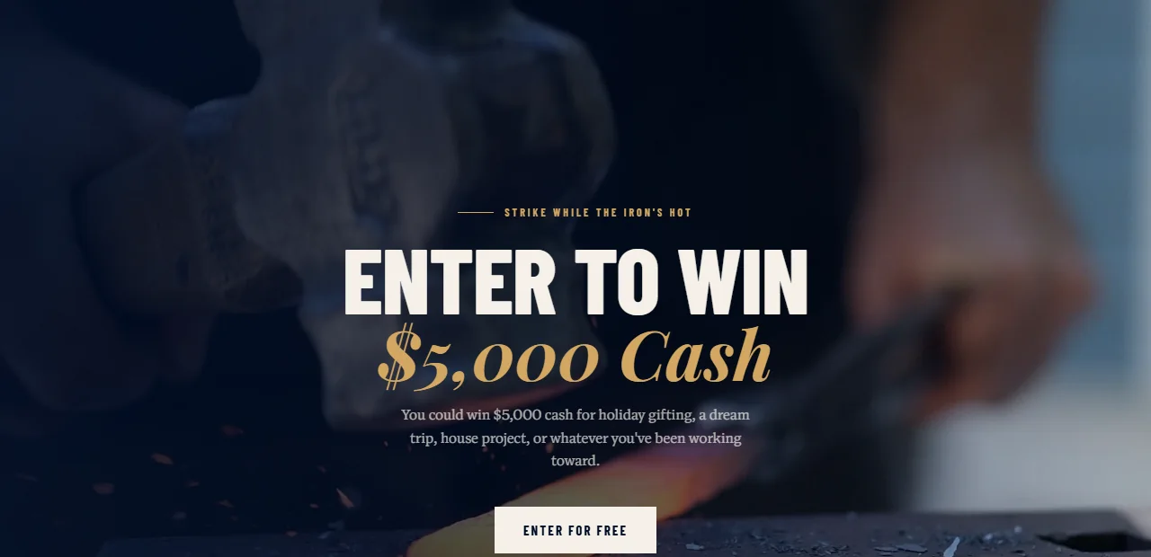 Allegiance sweepstakes page with the headline Enter to win $5,000 cash over a blacksmith's hands and a glowing piece of iron.