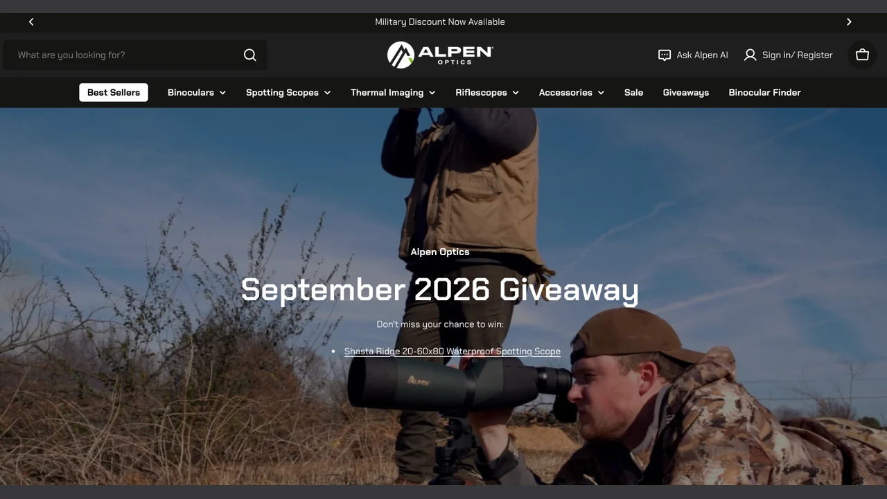 Alpen Optics September 2026 Giveaway Alpen Optics September 2026 Giveaway page featuring the Shasta Ridge spotting scope.