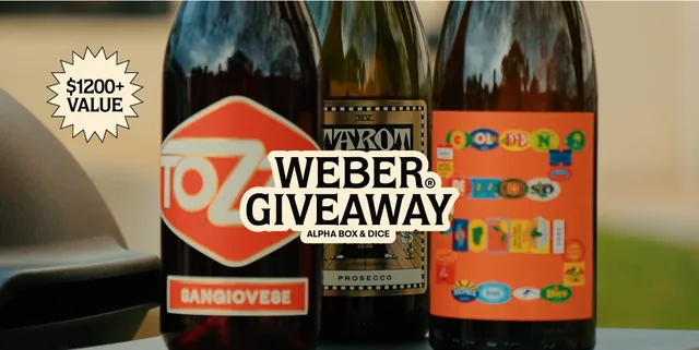 Alpha Box & Dice giveaway banner with three wine bottles and the text «Weber Giveaway» and «$1200+ Value».