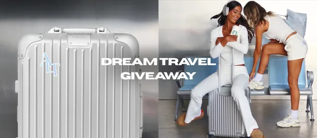 ALT Swim Dream Travel Giveaway banner with a silver RIMOWA suitcase and two women sitting at an airport waiting area.