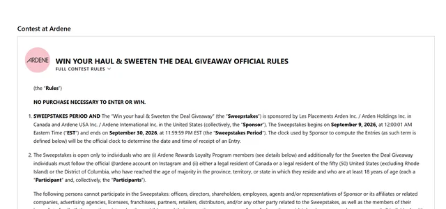 Ardene contest page displaying the Win Your Haul & Sweeten the Deal Giveaway official rules and Ardene logo