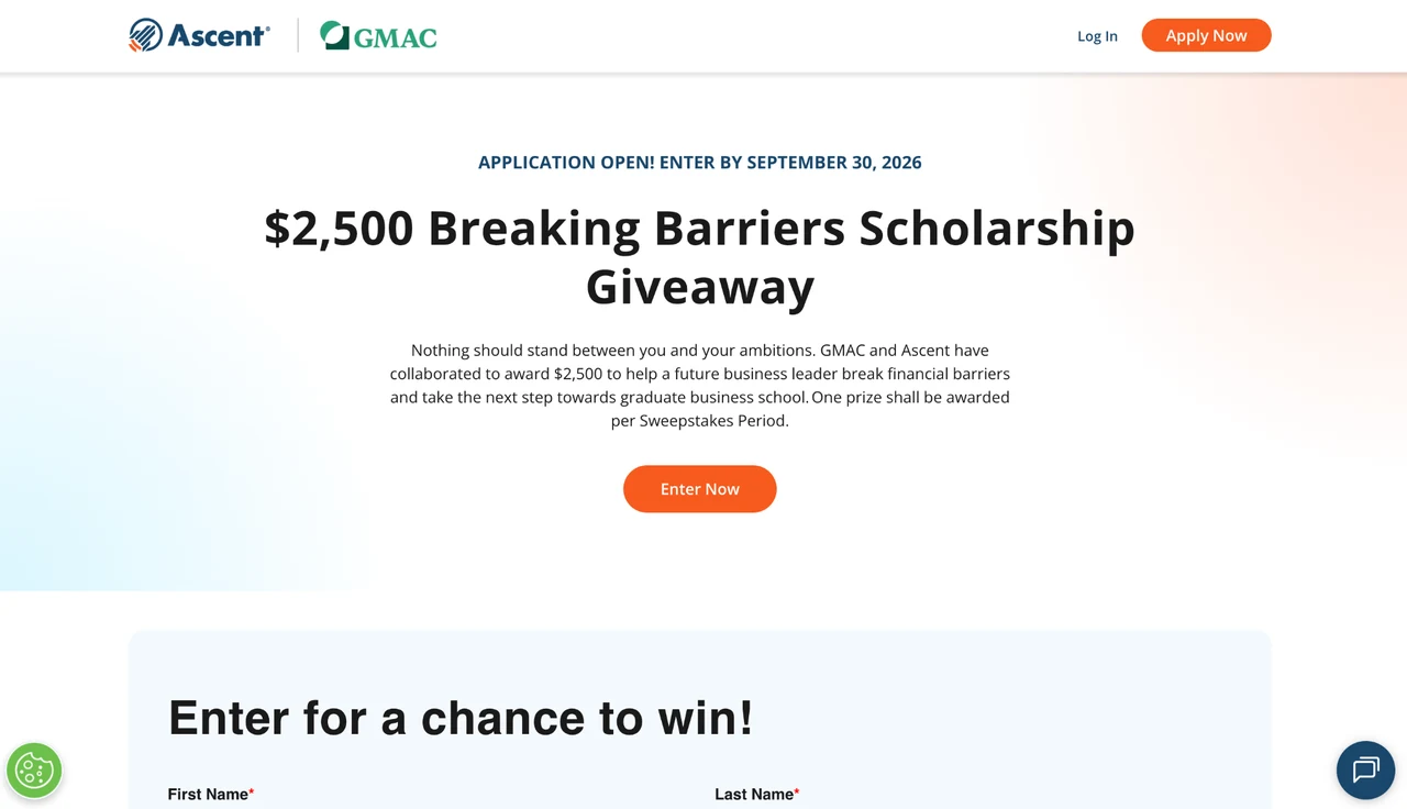 Ascent Breaking Barriers Scholarship Giveaway 2026 Ascent and GMAC Breaking Barriers Scholarship Giveaway page with the Enter Now call to action.