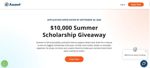 Ascent Funding page for the $10,000 Summer Scholarship Giveaway 2026
