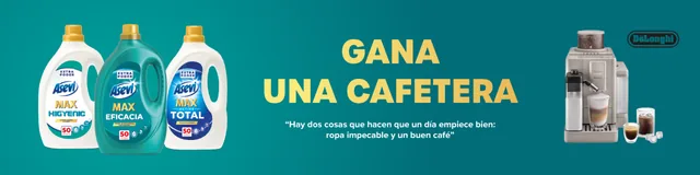 Página oficial del sorteo de Asevi con el mensaje «Gana una cafetera» junto a tres detergentes Asevi MAX y una cafetera DeLonghi.