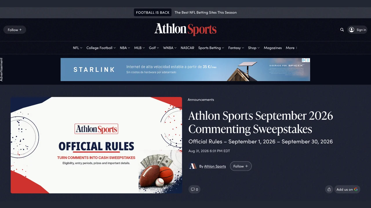 Athlon Sports September 2026 Commenting Sweepstakes page showing official rules artwork.