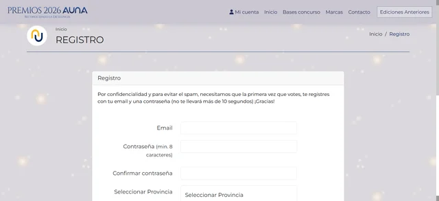 Pantalla oficial de registro de Premios AÚNA Distribución 2026.