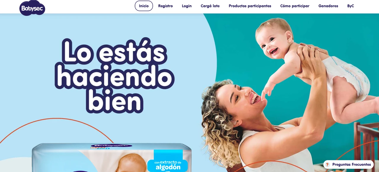 Página oficial de Babysec Argentina con la campaña Lo estás haciendo bien y el contexto visual de la promoción.