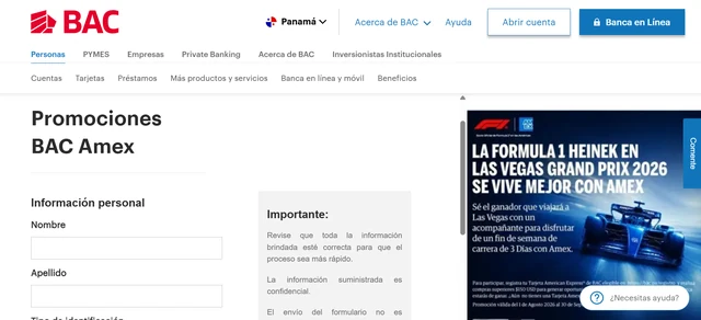 Captura de la promoción BAC American Express para ganar un viaje a la Fórmula 1 en Las Vegas