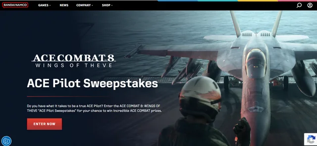 Official ACE COMBAT 8 ACE Pilot Sweepstakes page with fighter jet artwork and entry call to action