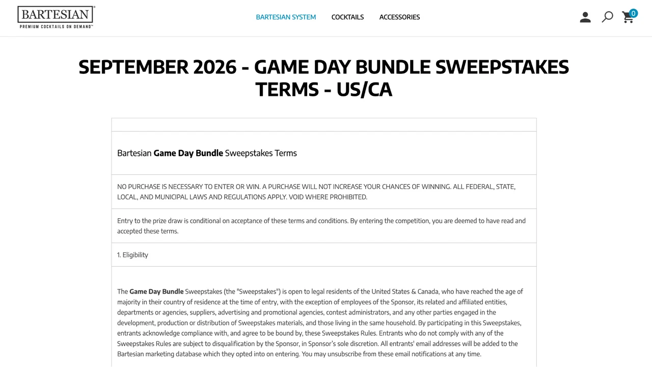 Official Bartesian September 2026 Game Day Bundle Sweepstakes terms page.