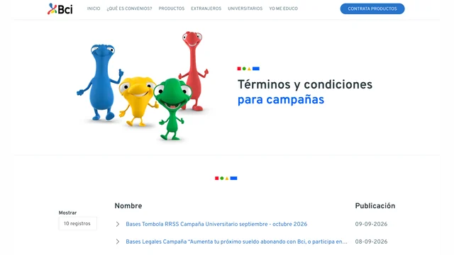 Términos y condiciones de campañas Bci con la publicación de la campaña universitaria 2026.