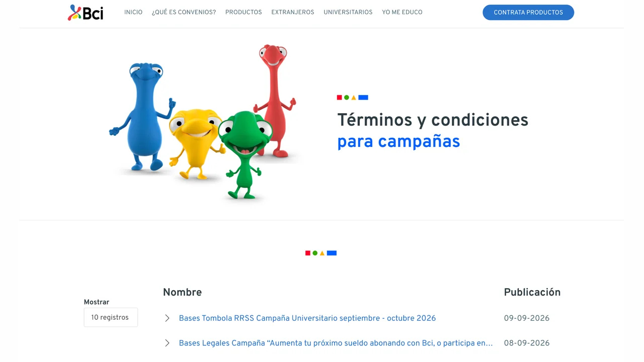 Términos y condiciones de campañas Bci con la publicación de la campaña universitaria 2026.