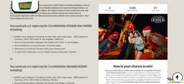 Official Better Luck Than Chuck Halloween Horror Nights giveaway page showing the Hollywood package description and the entry panel.