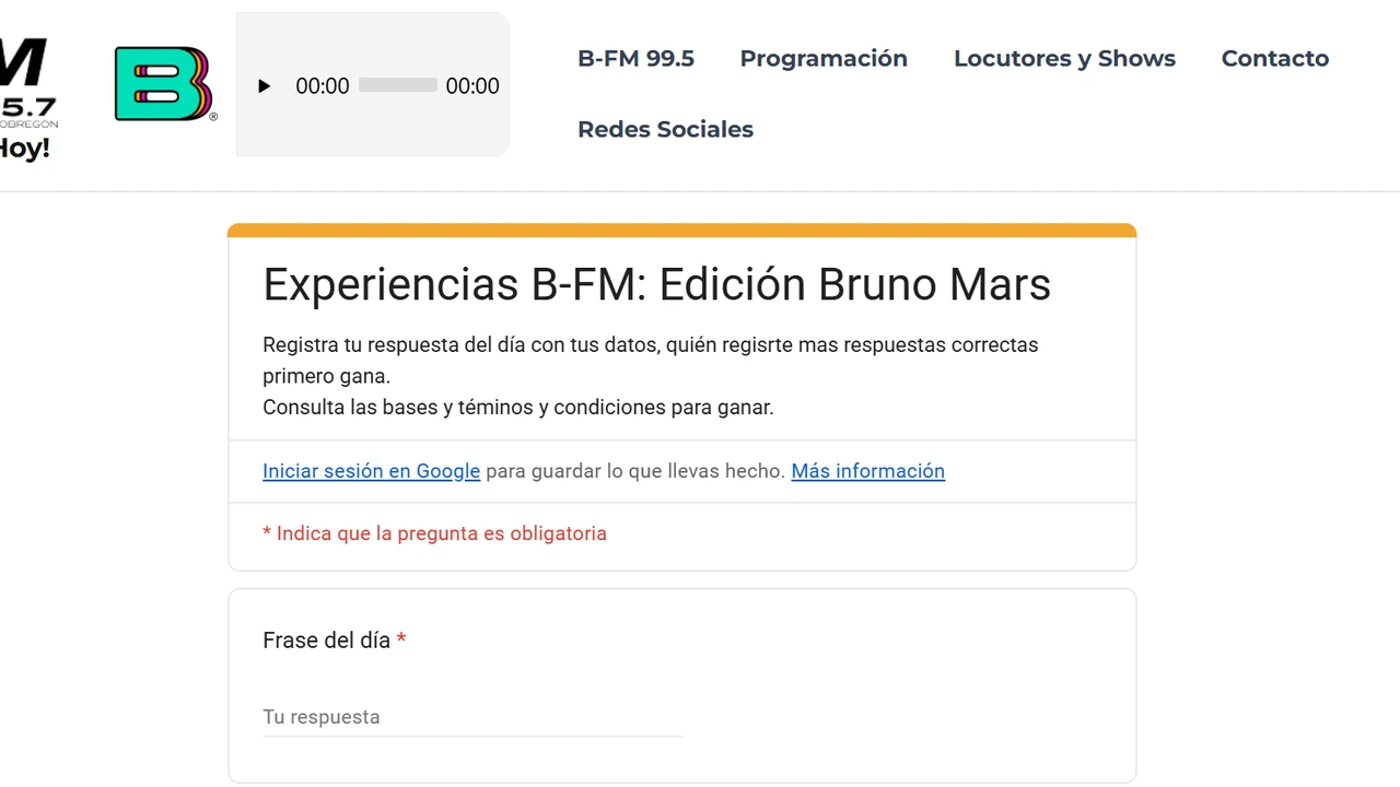 Página de Experiencias B-FM Edición Bruno Mars 2026 con formulario de participación