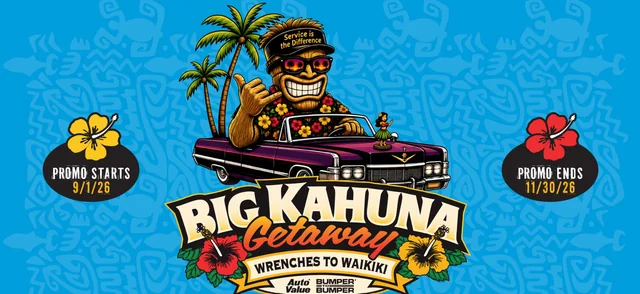 Official Big Kahuna Getaway artwork with a tropical tiki character, classic car, Hawaiian flowers and Wrenches to Waikiki branding