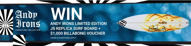 Billabong competition banner reading Win Andy Irons Limited Edition JS Replica Surf Board plus a $1,000 Billabong voucher.