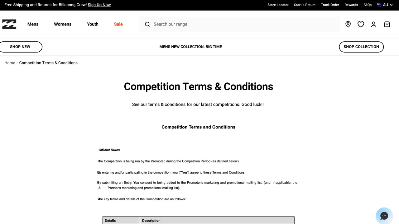 Billabong — Big Time Board + $1,000 Voucher 2026 Official Billabong competition terms page used as the visual context for the Big Time Board and voucher giveaway.
