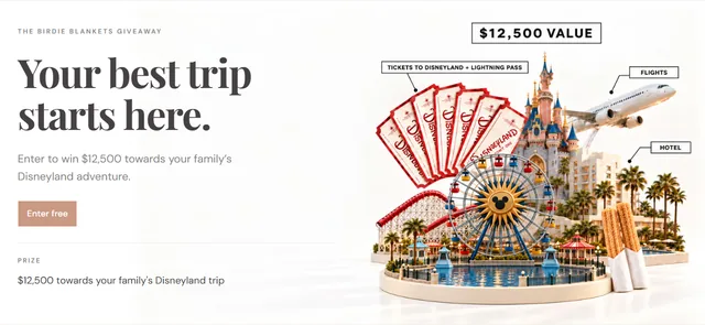 Birdie Blankets giveaway page showing the family Disneyland trip offer with colorful Birdie blankets.