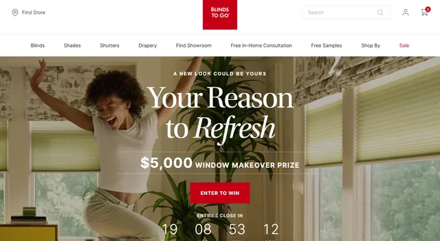 Blinds To Go sweepstakes page with the headline "Your Reason to Refresh", a $5,000 window makeover prize and an Enter to Win button.