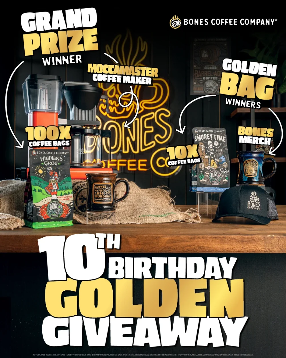 Official Bones Coffee Company 10th Birthday Golden Giveaway artwork showing the grand prize and Golden Bag winner prizes.