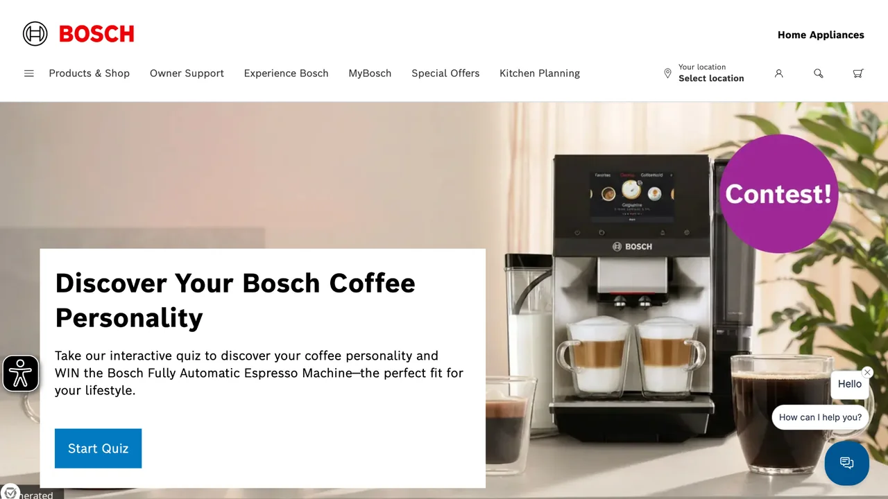 Bosch Coffee Personality Quiz 2026 contest Bosch Coffee Personality contest page showing a Bosch automatic espresso machine and coffee drinks